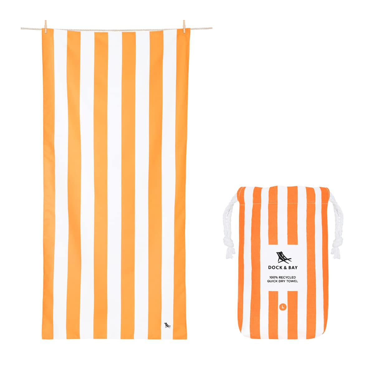 Dock & Bay Beach Towel - Quick Dry, Sand Free - Compact, Lightweight - 100% Recycled - Includes Bag - Cabana - Ipanema Orange -