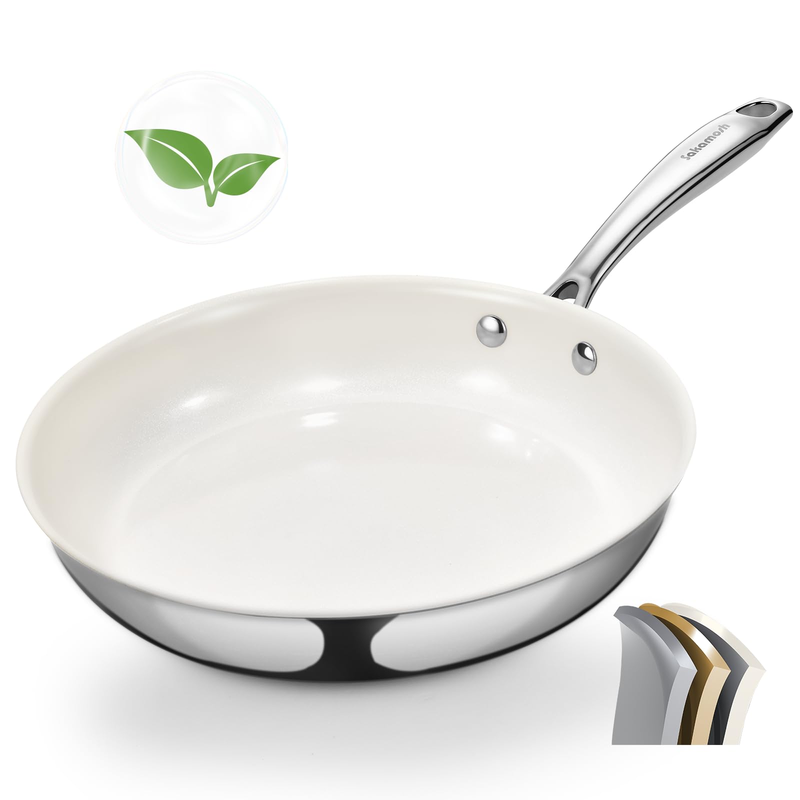SAKAMOSH 9.5 Nonstick Ceramic Frying Pan, TriPly Stainless Steel, White