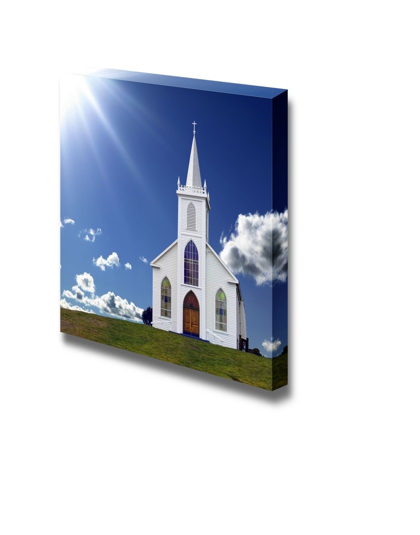Beautiful Landscape Scenery Sun Rays Shining Down On A Small Christian Church On A Hill - Canvas Art Wall Art - 16'' X 16''