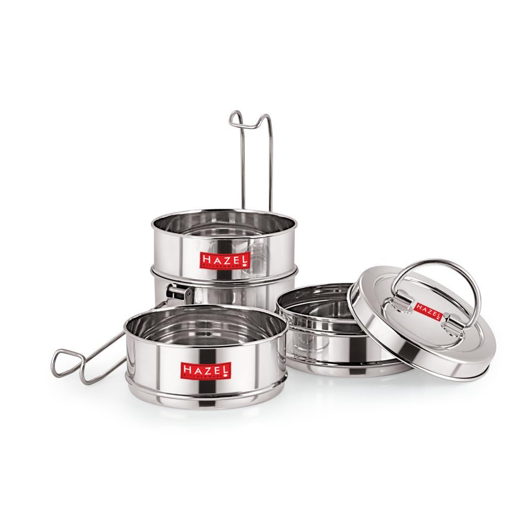 Hazel Stainless Steel Stackable Tiffin Box | 4 Tier Compartment Traditional Tiffin Dabba | Steel Lunch Box With Handle For Offic