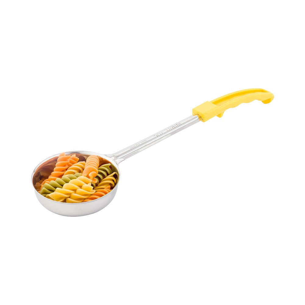 Restaurantware Met Lux 5 Ounce Portion Ladle 1 Perforated Portion Serving Spoon - Yellow Handle Dishwashable Stainless Steel Slo