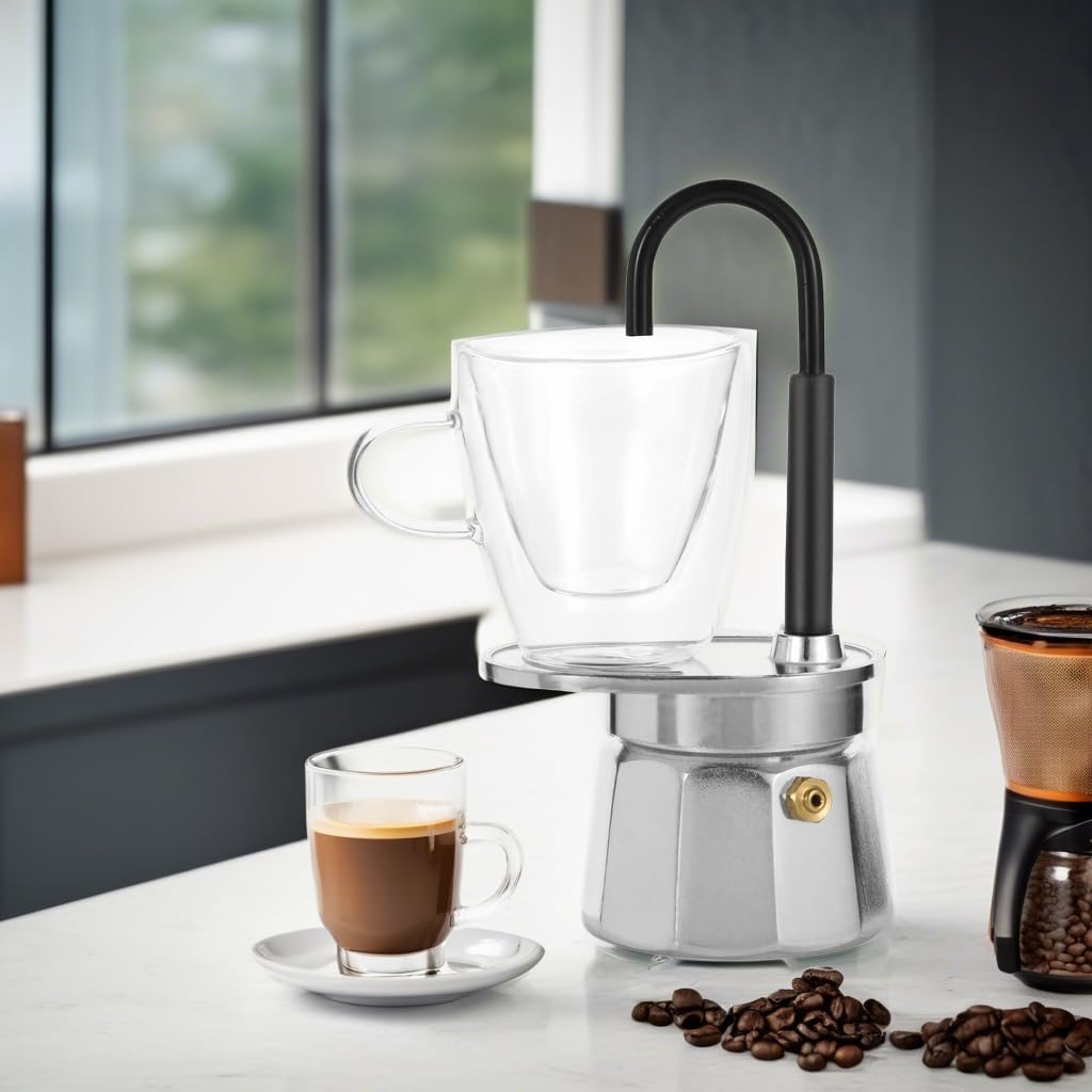 Mvplue-Mini Express Swiss Single Tube Moka Pot Aluminum Silver,Moka Set Includes One Double Wall 3Oz Cup,Enjoy Delicious Coffee