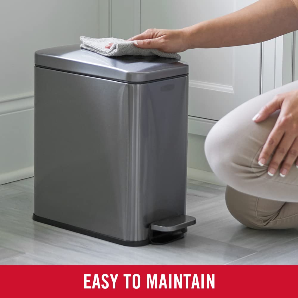 Rubbermaid Stainless Steel Slim Step-On Trash Can, 2.6-Gallon, Charcoal, Wastebasket With Lid For Home/Bathroom/Kitchen