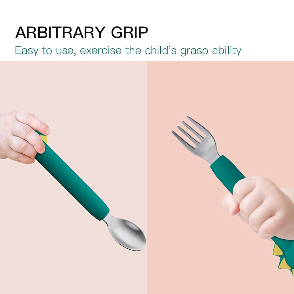 SFCCMM Baby Forks and Spoons Set Baby Training Utensils Self Feeding Toddler Silverware Silicone and Stainless Steel Kids and To