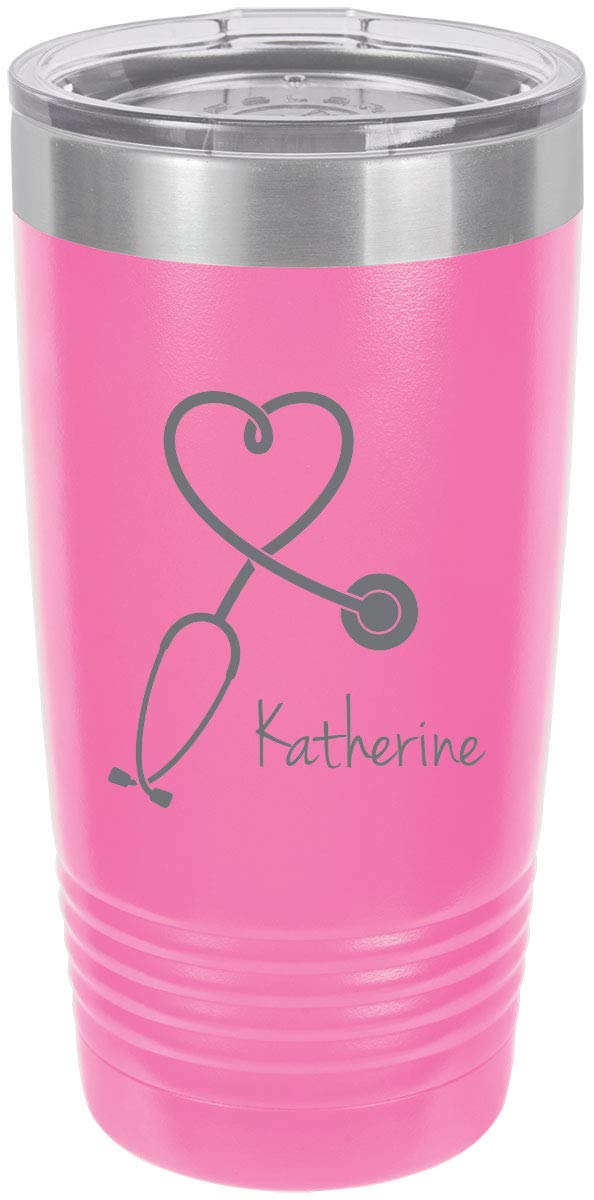 Stethoscope Nurse Personalized Add Your Custom Text Insulated Tumbler 20 Oz Travel Coffee Mug Customizable (Pink)