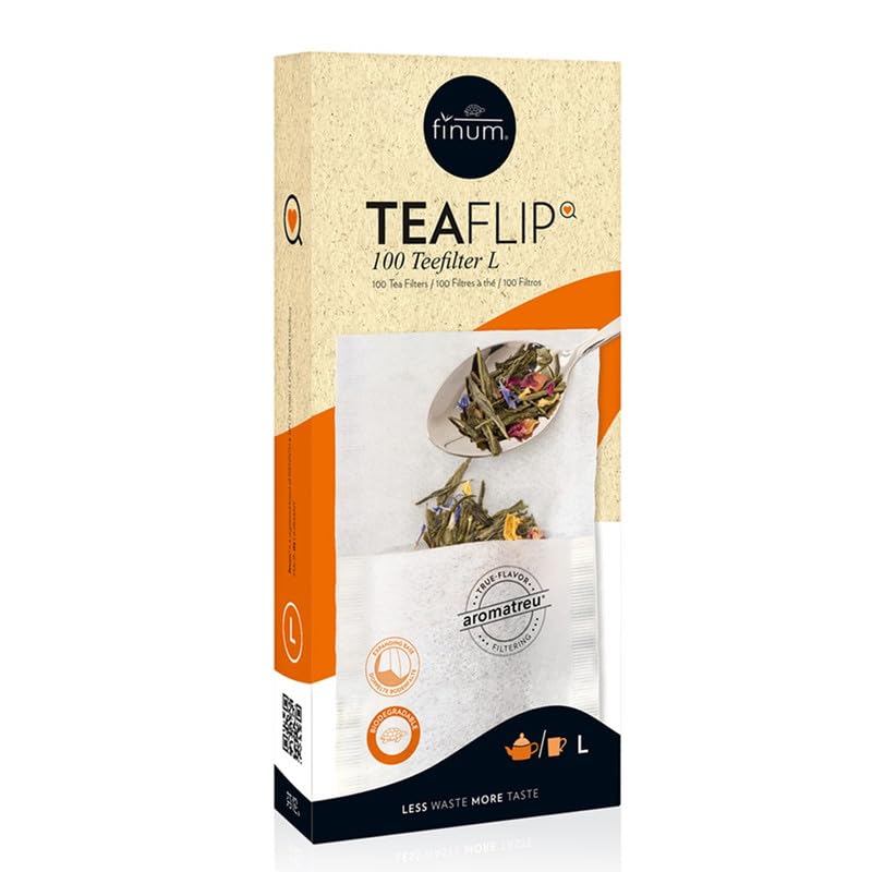Finum Disposable Paper Tea Filter Bags For Loose Tea, White, Large, 100 Count