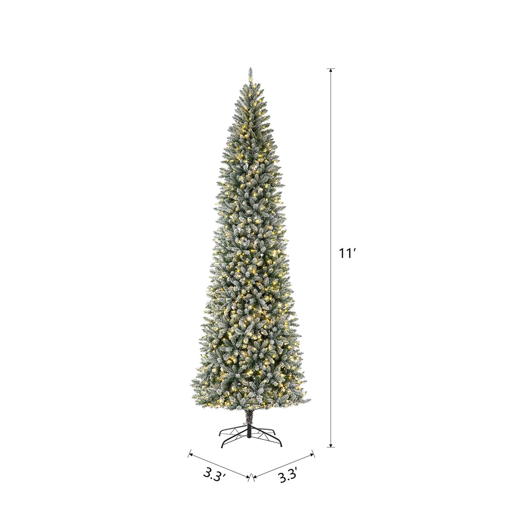 Glitzhome 11ft Prelit Artificial Christmas Tree, Snowy Splendor Fir Hinged Pencil Christmas Tree Holiday Decoration with 950 War