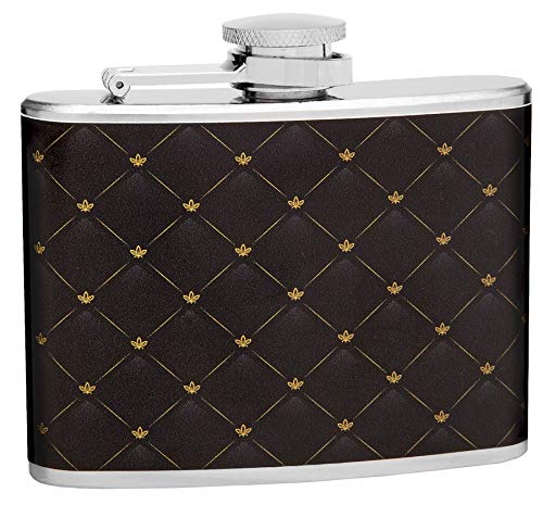 Hip Flask Holding 4 oz  Classic Elegant Pattern Design  Pocket Size, Stainless Steel, Leak Proof, ScrewOn Cap  Black and Gol