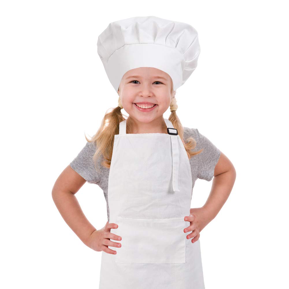 Crjhns Kids Apron And Chef Hat Set, Adjustable Cotton Child Aprons With Large Pocket White Girls Boys Kitchen Bib Aprons For Coo