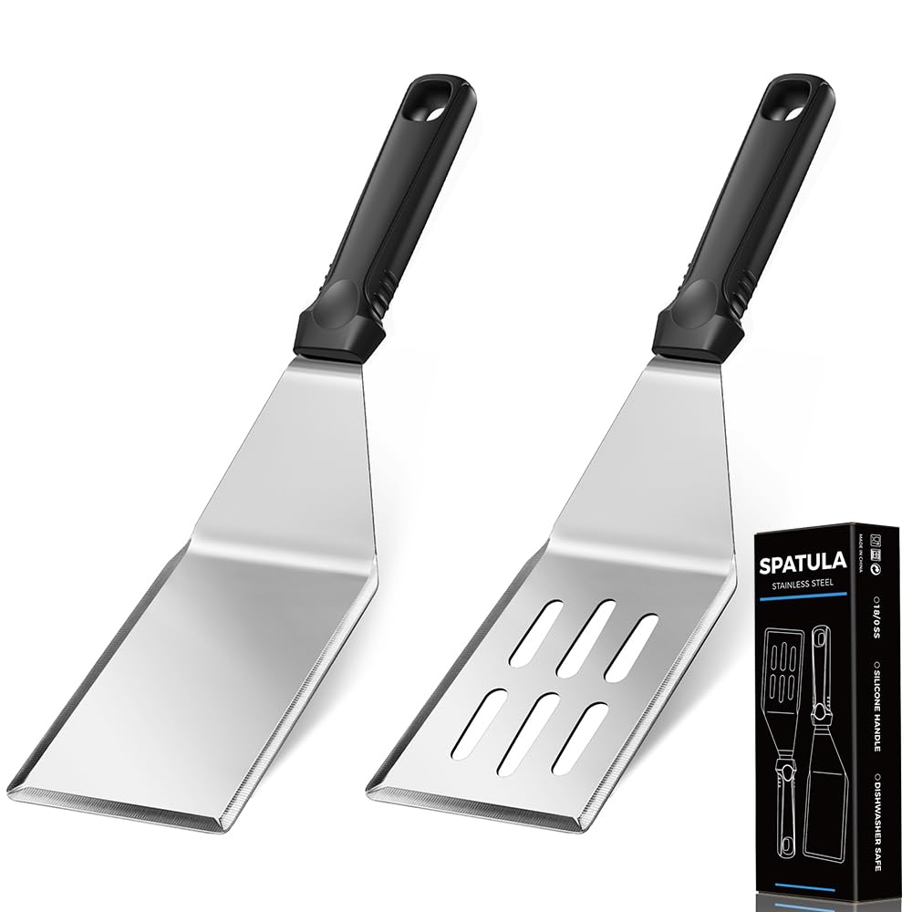 11.8in 18/0 Stainless Steel Spatulas, Silicone Nonslip Handle, Brushed Metal Spatula Set for Kitchen Use Cast Iron Skillet, BB