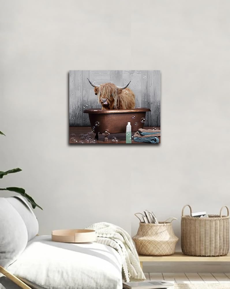 Highland Cow Wall Art Bathroom Decor Cow In Bathtub Canvas Print Longhorn Picture Farmhouse Wall Decor Stretched And Framed 16X2