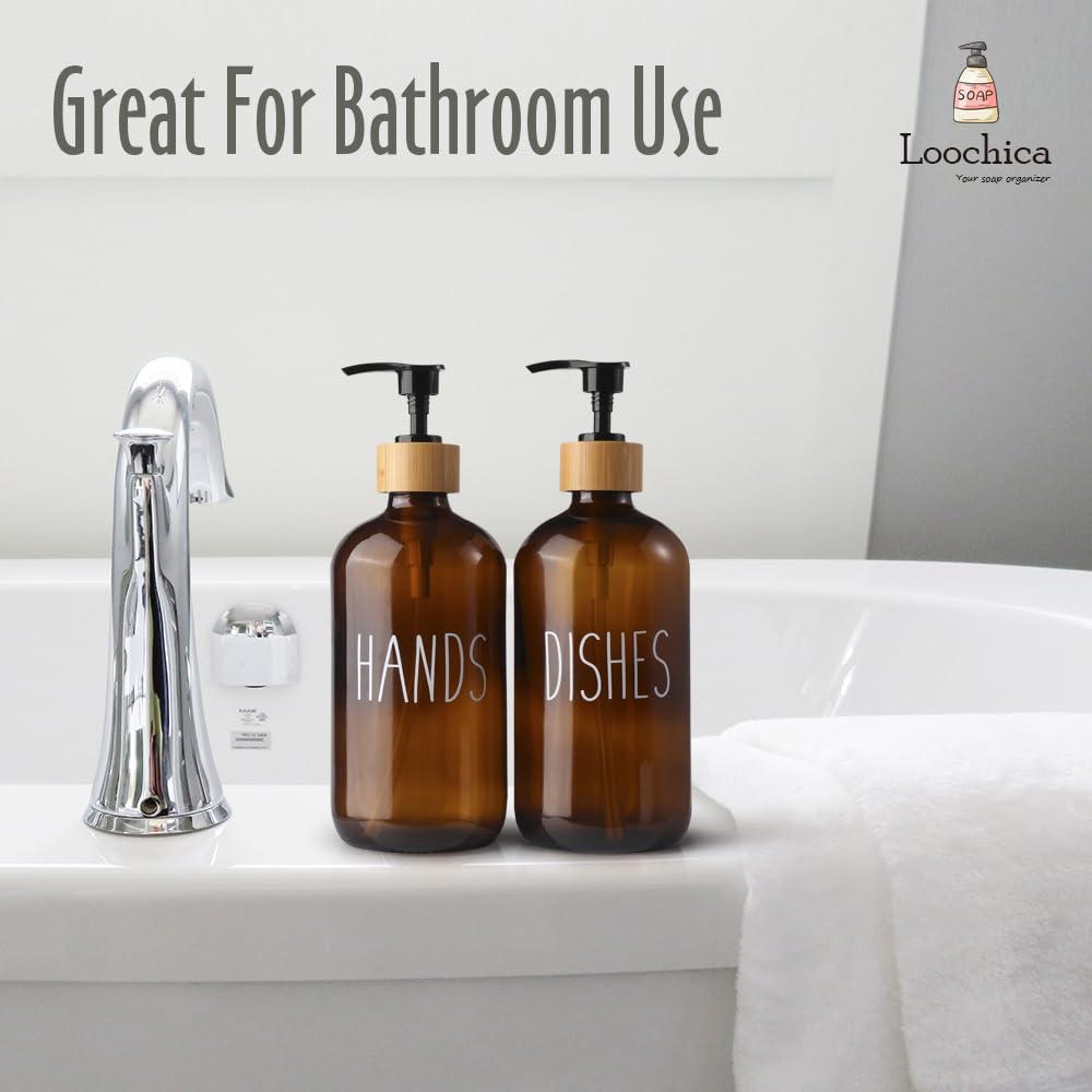 Loochica 2 Pack Amber Glass Soap Dispenser With Plastic Pump, Brown Dish And Hand Soap Dispenser Set, Refillable Reusable Apothe