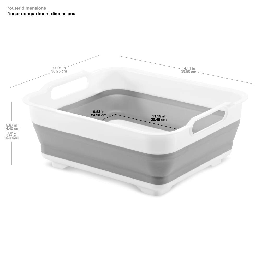 Madesmart Collapsible Dishwashing Basin With Handles, Plastic Pop-Up Dish Wash Basin For Kitchen Counters, Gray/White