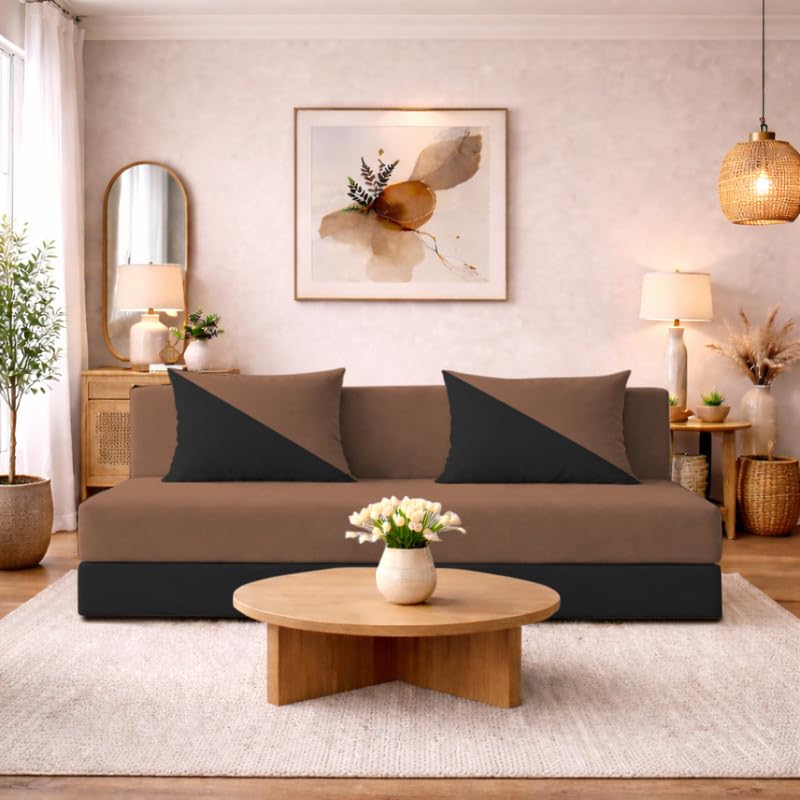 Adorn India Easy Desmond 4 Seater Sofa Cum Bed 6 X 6 Velvet (Camel & Black) (1 Year Warranty)