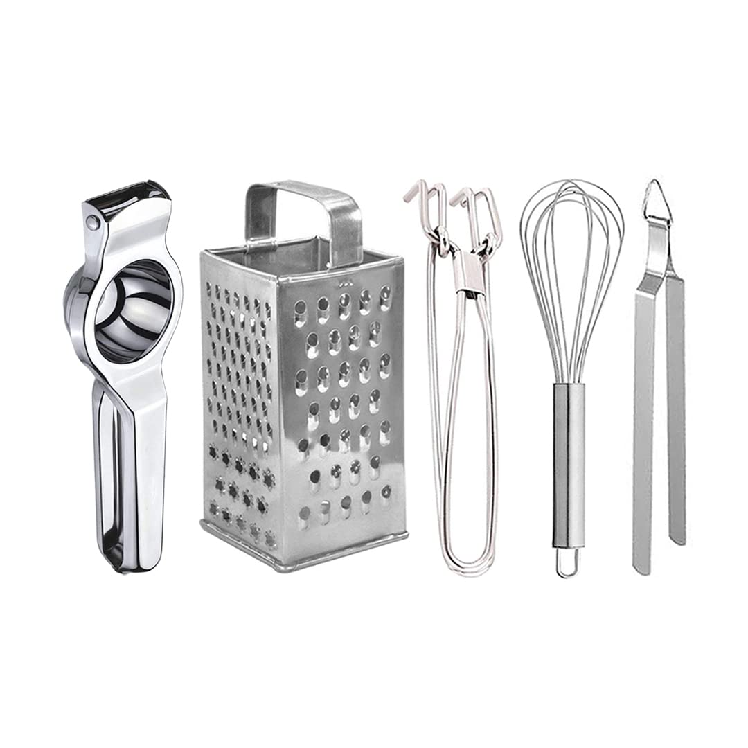Oc9 Stainless Steel 8 In 1 Grater/Slicer & Lemon Squeezer/Hand Juicer & Pakkad/Utility Tong & Egg Whisk/Egg Beater & Roti Chimta