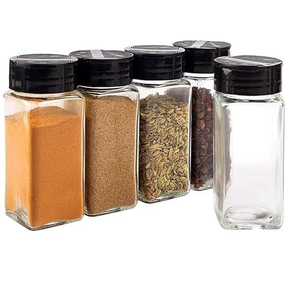 Glass Spice Jars With Black Lids, Square Shape, Capacity, Set Of 2