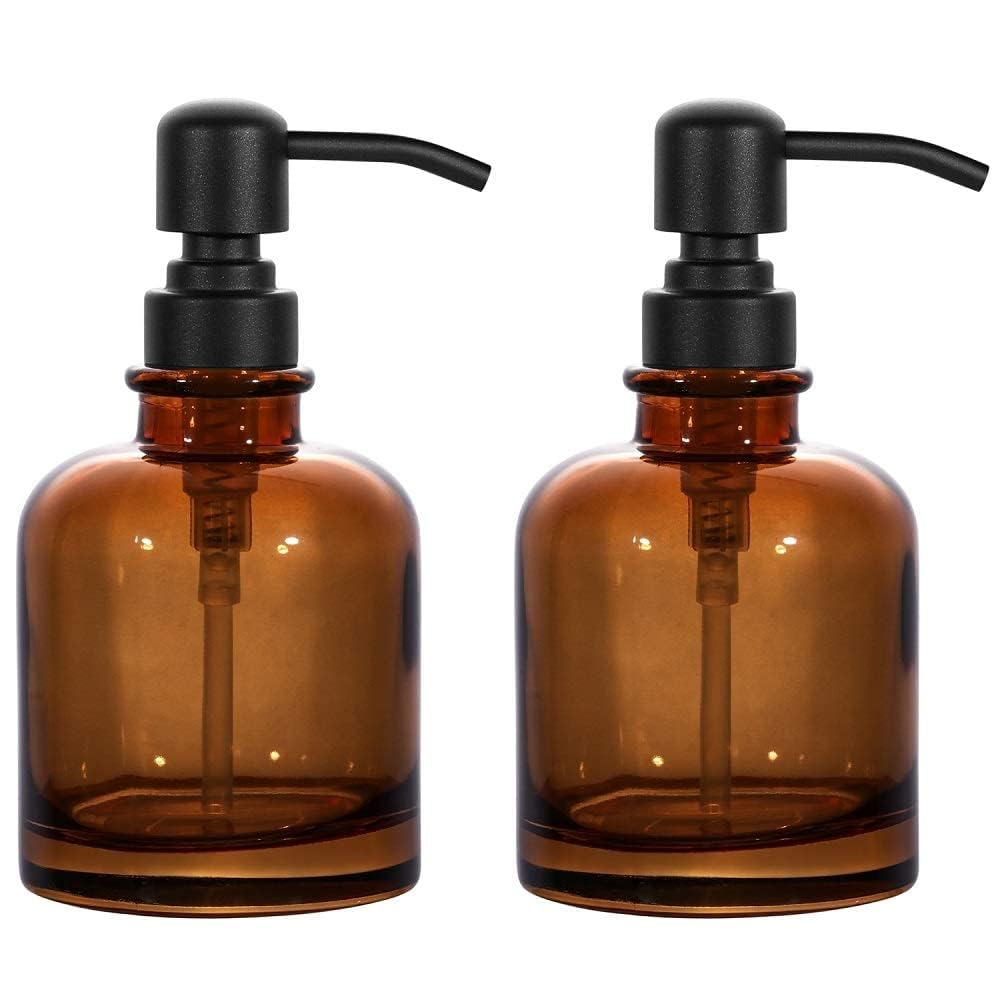 2-Pack Amber Glass Soap Dispensers With Matte Black Stainless Steel Pumps, 12 Oz Refillable Bottles For Kitchen & Bathroom (12Oz