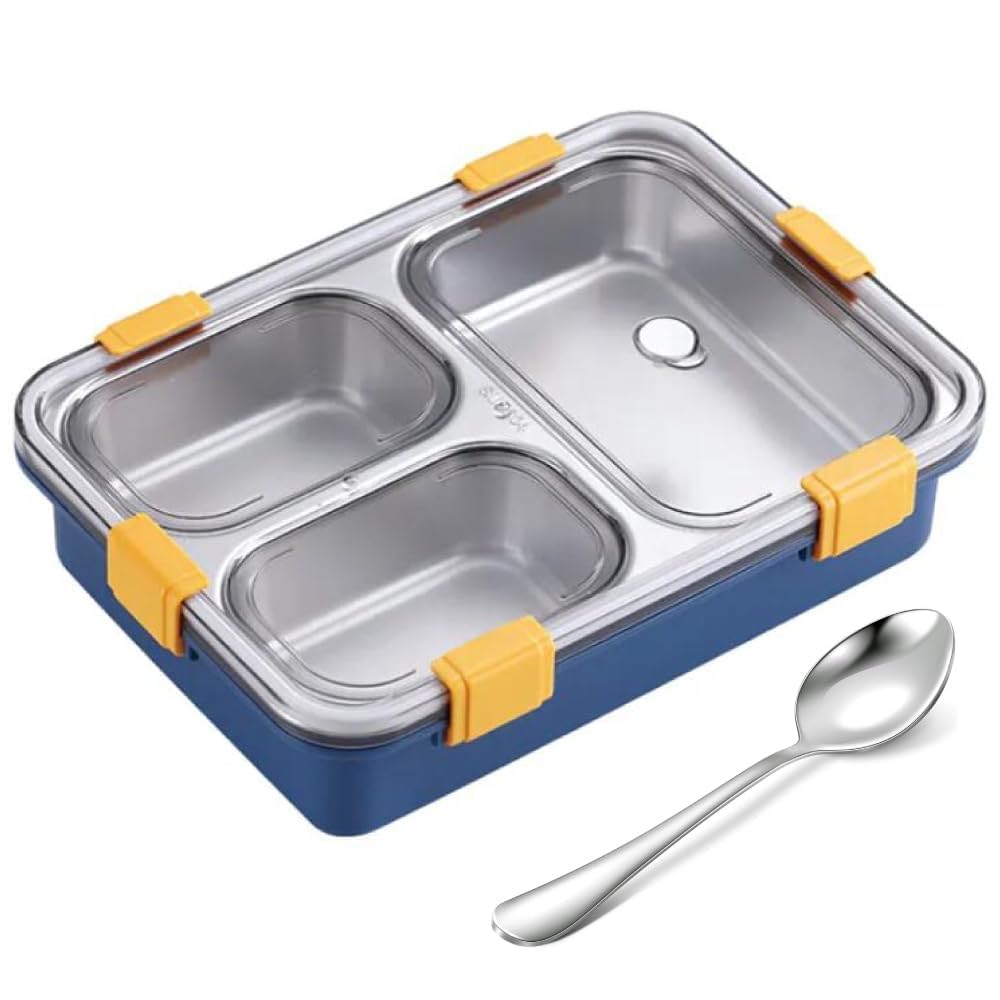 Clazkit 3 Compartment Stainless Steel Lunch Box, Leakage Proof Lunch Box For School Kids And Adults Pack Of 1 Blue,750Ml