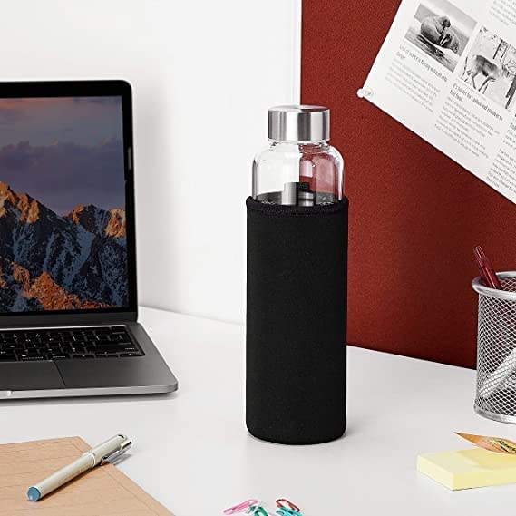Isko Borosilicate Glass Water Bottle With Leak-Proof Airtight Stainless Steel Lid And Protective Fabric Sleeve For Water, Juices
