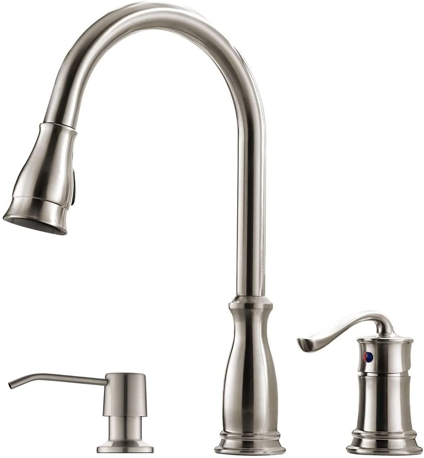Appaso 3 Hole Kitchen Faucet With Pull Down Sprayer Brushed Nickel, 3 Pieces Kitchen Sink Faucet With Soap Dispenser And Side Si