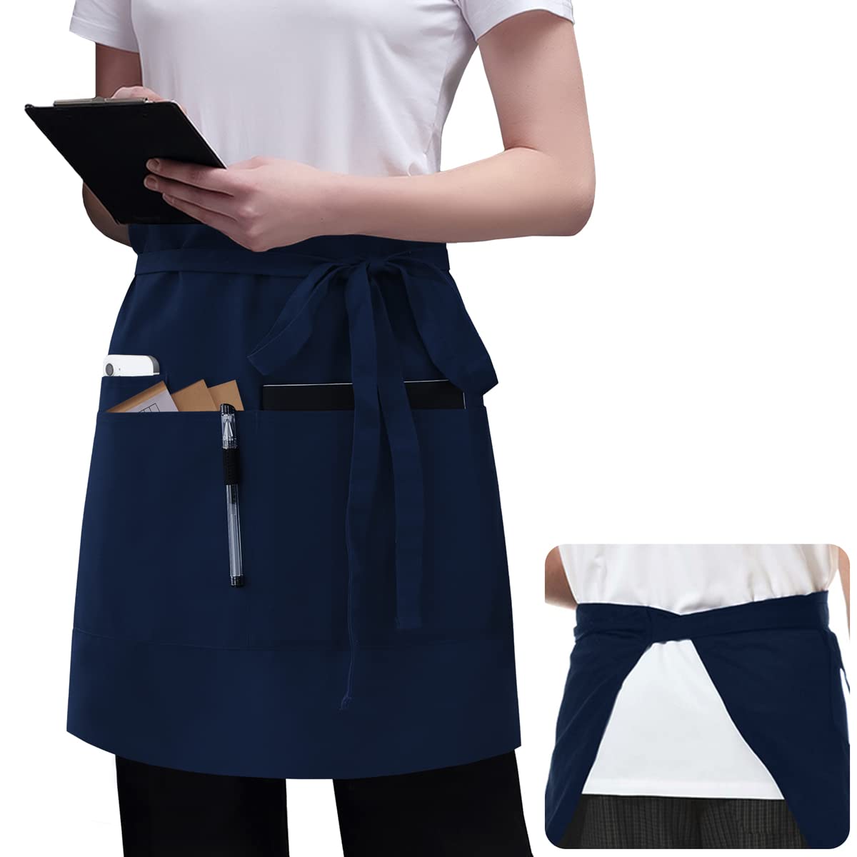Rotanet Server Apron With 3 Pockets 22 Inch Long Waiter Waitress Bistro Half Waist Aprons For Women Men Waterproof Navy Blue