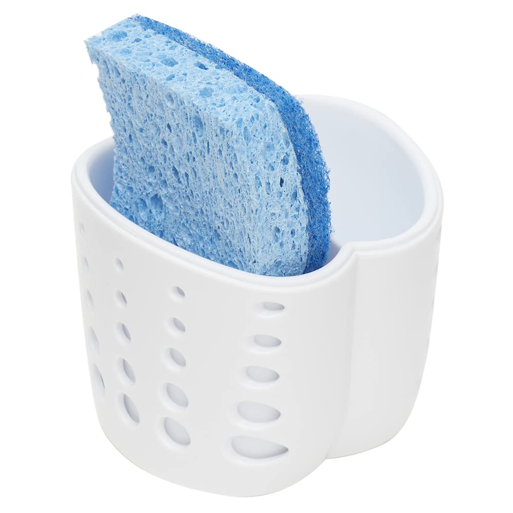 Home Basics Double Sponge Holder Kitchen Sink Caddy, Saddle Faucet Sink Soap Sponge Organizer With Drain Hole, White