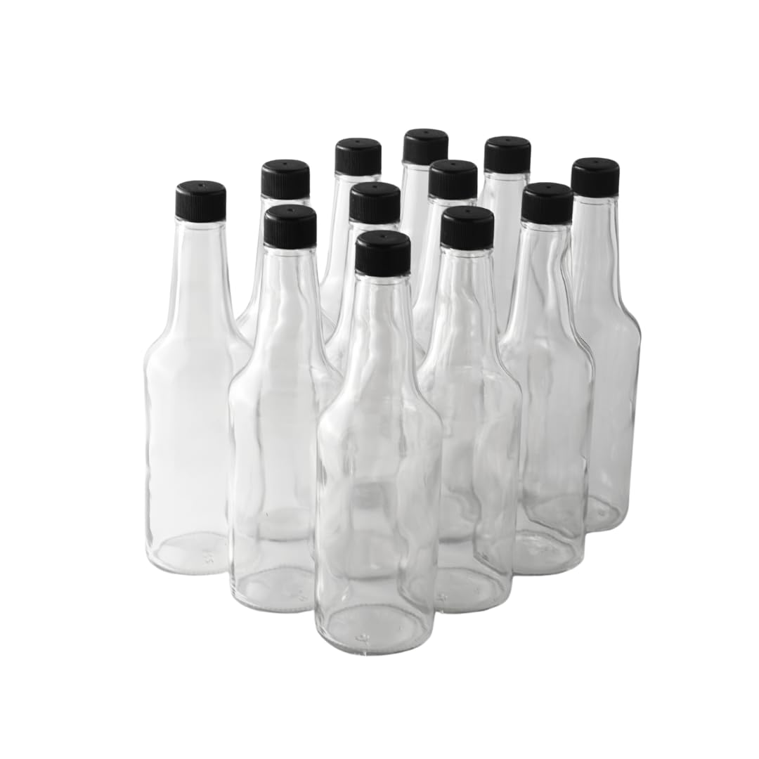 FastRack Woozy Bottle 10 oz (Pack of 12) | Small Hot Sauce Bottles for Canning | Empty Clear Glass Sauce Bottle with Black Plast
