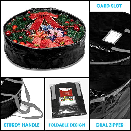 ProPik Wreath Storage Bag 24 '' - Garland Holiday Container Tear Resistant Material - Easy Storage Featuring Heavy Duty Handles and Transparent Card Slot 24? X 24? X 8? (Black)