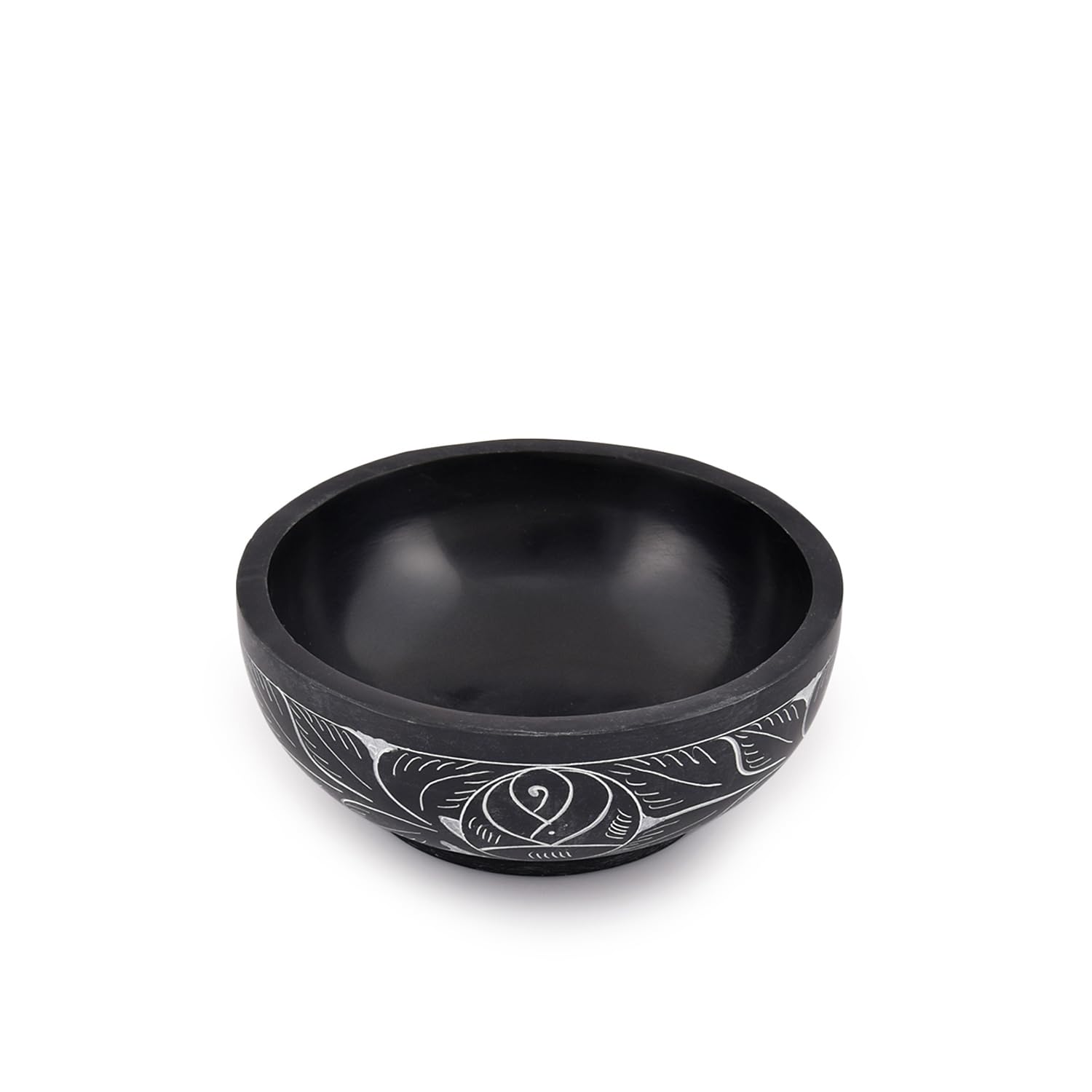 Kaizen Casa Hand Carved Natural Stone Bowl, Smudge Bowl, Stone Bowl, Smudge Pot, White Leaf Carved Design |Size_5    x 2    - Bl