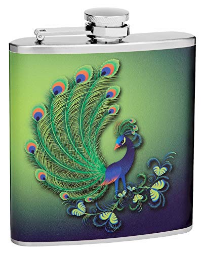 Hip Flask Holding 6 oz  Colorful Peacock Design  Pocket Size, Stainless Steel, Leak Proof, ScrewOn Cap  Green, Lime Green, B