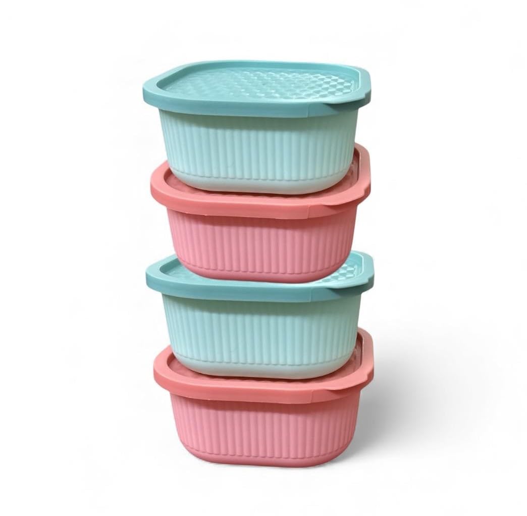 C.S.M Csm Food Storage Containers, Square, 590Ml, Set Of 4, Airtight, Microwave Safe, Multicolour