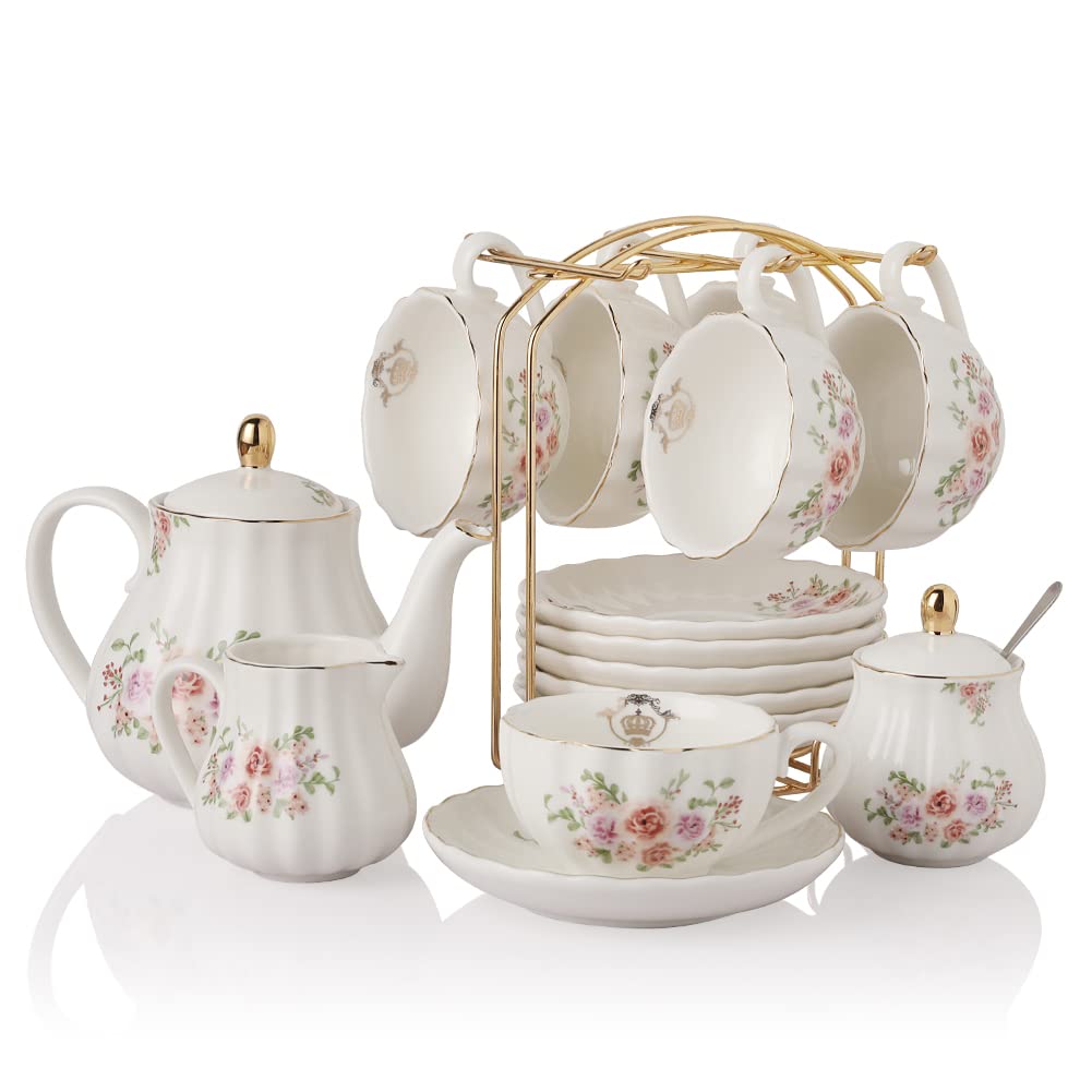 Porcelain Tea Sets British Royal Series, 8 Oz Cups & Saucer Service For 6, With Teapot Sugar Bowl Cream Pitcher Teaspoons And Te