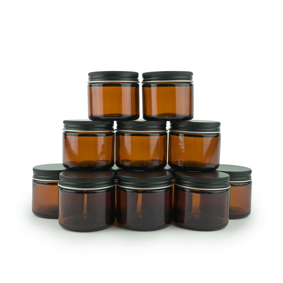 Nature Packaged Glass Amber 2Oz Jar - 12 Packs, Empty Round Jars For Beauty Products, Lotion, And Powders - Black Lid - Small Ca