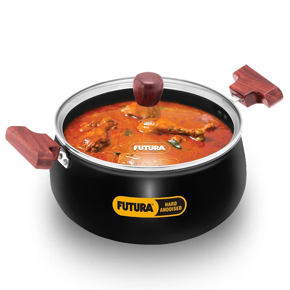 Hawkins Futura 4 Litre Cook n Serve Handi, Hard Anodised Biryani Handi with Glass Lid, Saucepan, Sauce Pan, Black (ACH40G)