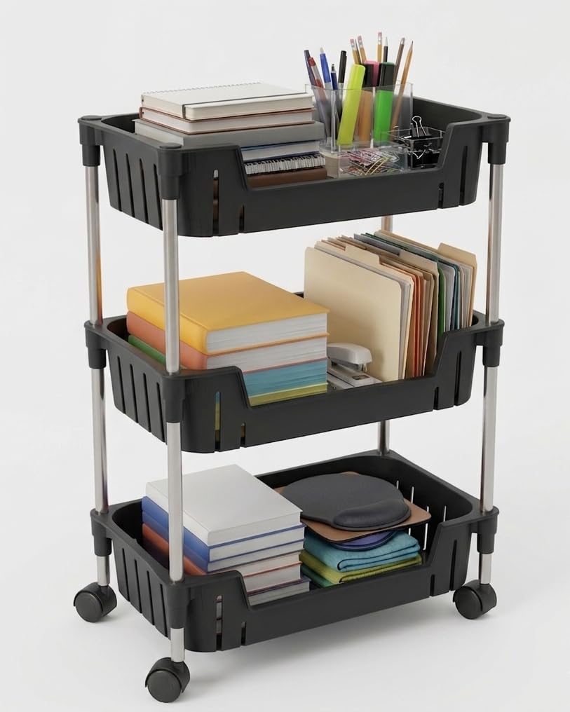 UMax Multipurpose Storage Rack With Wheels | Kitchen Trolley Organizer | Plastic Rolling Cart For Kitchen, Bathroom & Office | 