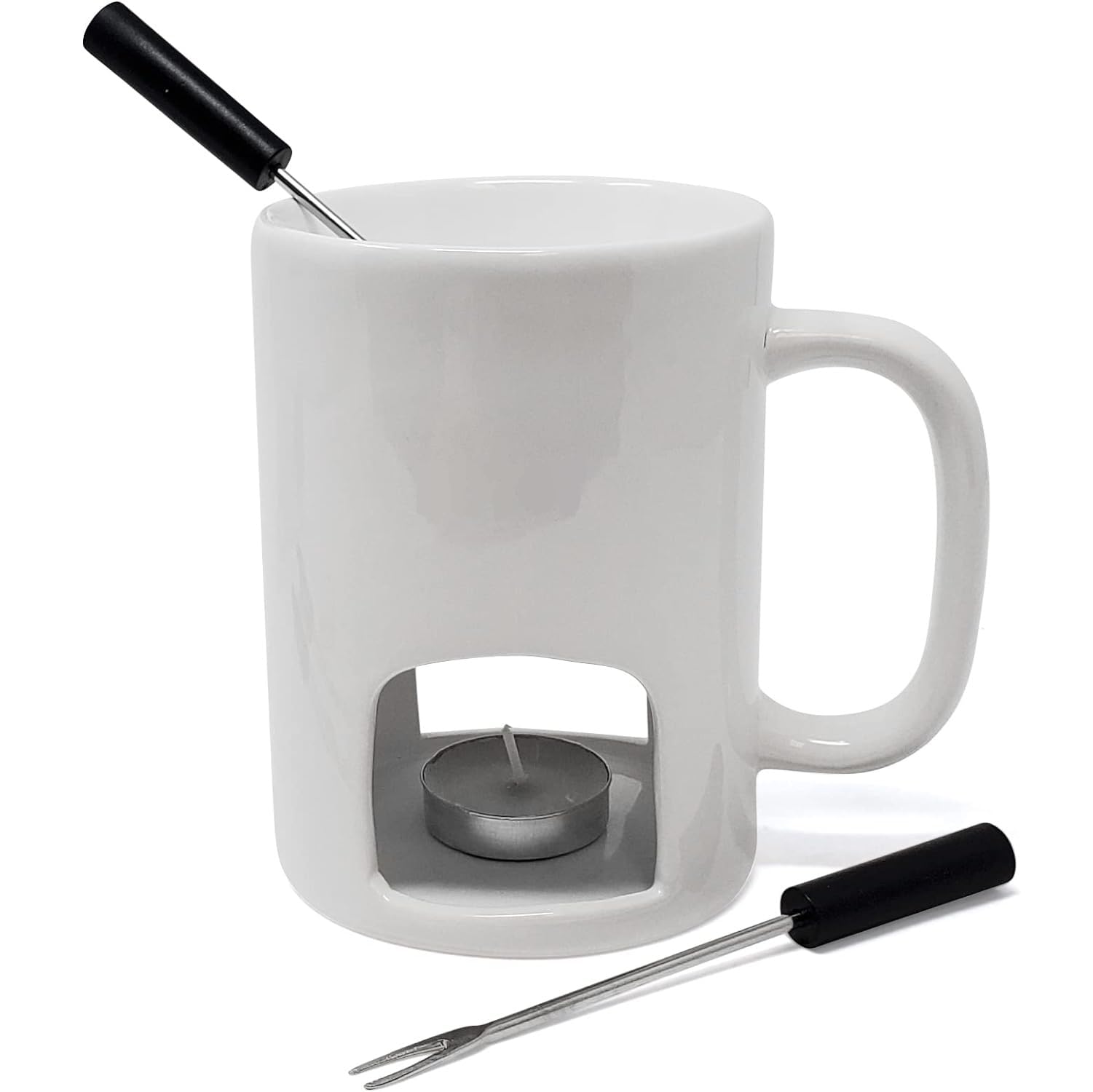 Kovot Ceramic Fondue Mugs Set of 2 - White with Forks & Tealights, Model KO-599