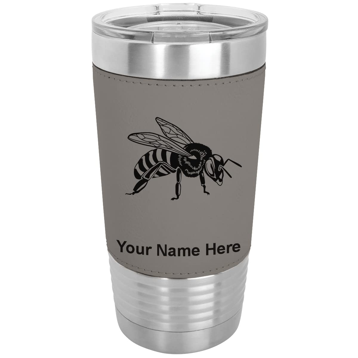 Lasergram 20Oz Vacuum Insulated Tumbler Mug, Honey Bee, Personalized Engraving Included (Faux Leather, Gray)