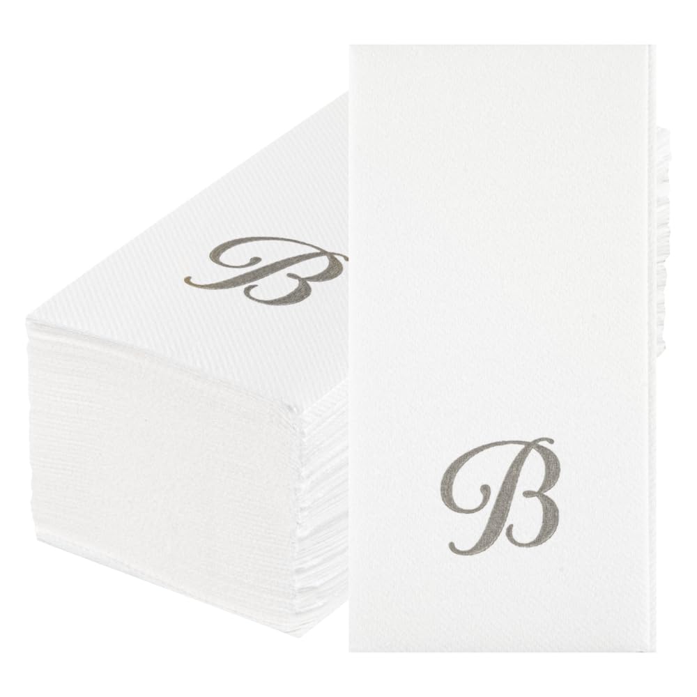 Luxenap 15.8 X 7.9 Inch Linen-Feel Guest Towels, 50 Lettered Hand Towels - Silver Letter 'B', Cursive Font, White Paper Dinner N