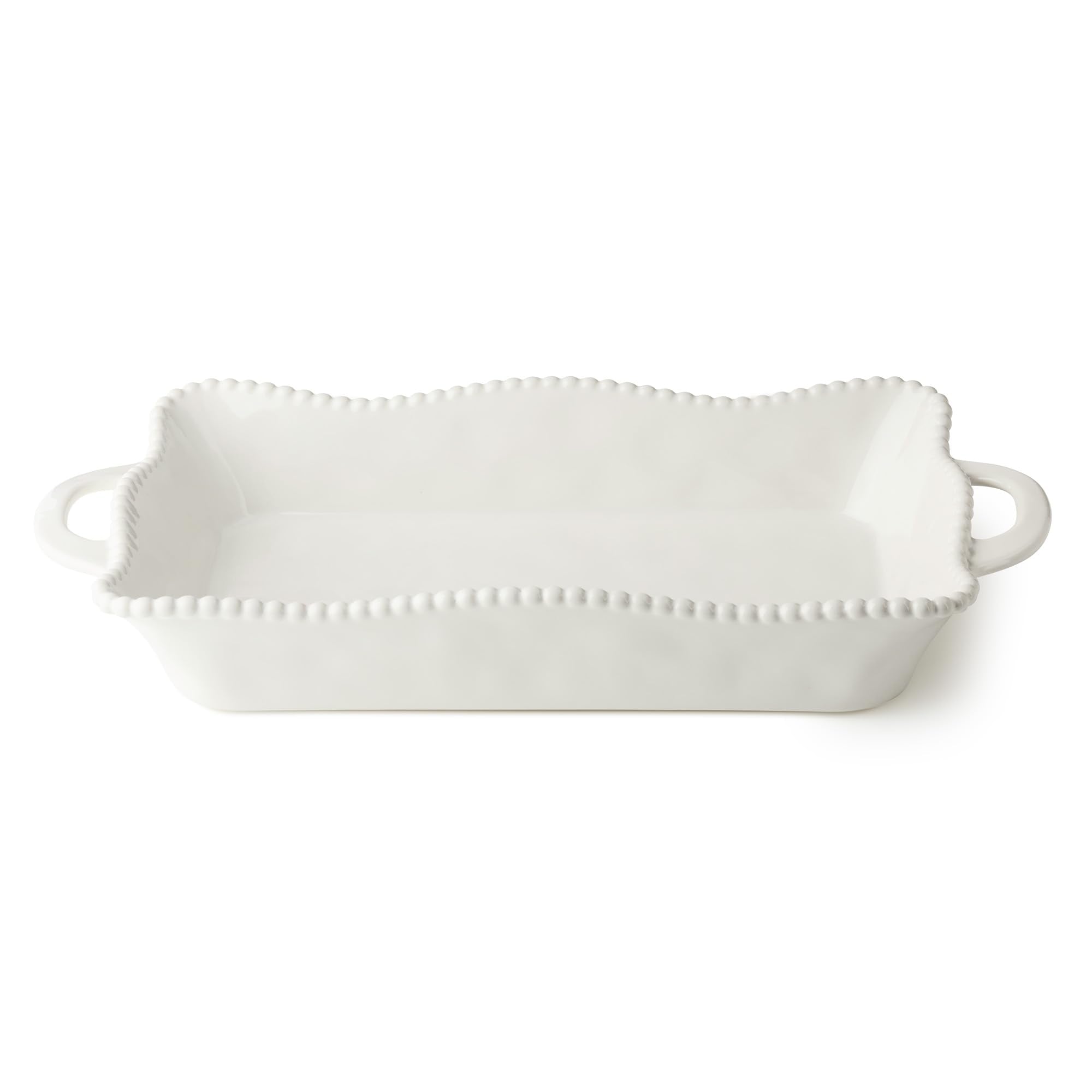 Perlette Cream Large Rectangular Ceramic Baker  19 x 10 Inch Scalloped OventoTable Stoneware Bakeware with Beaded Rim  Elega
