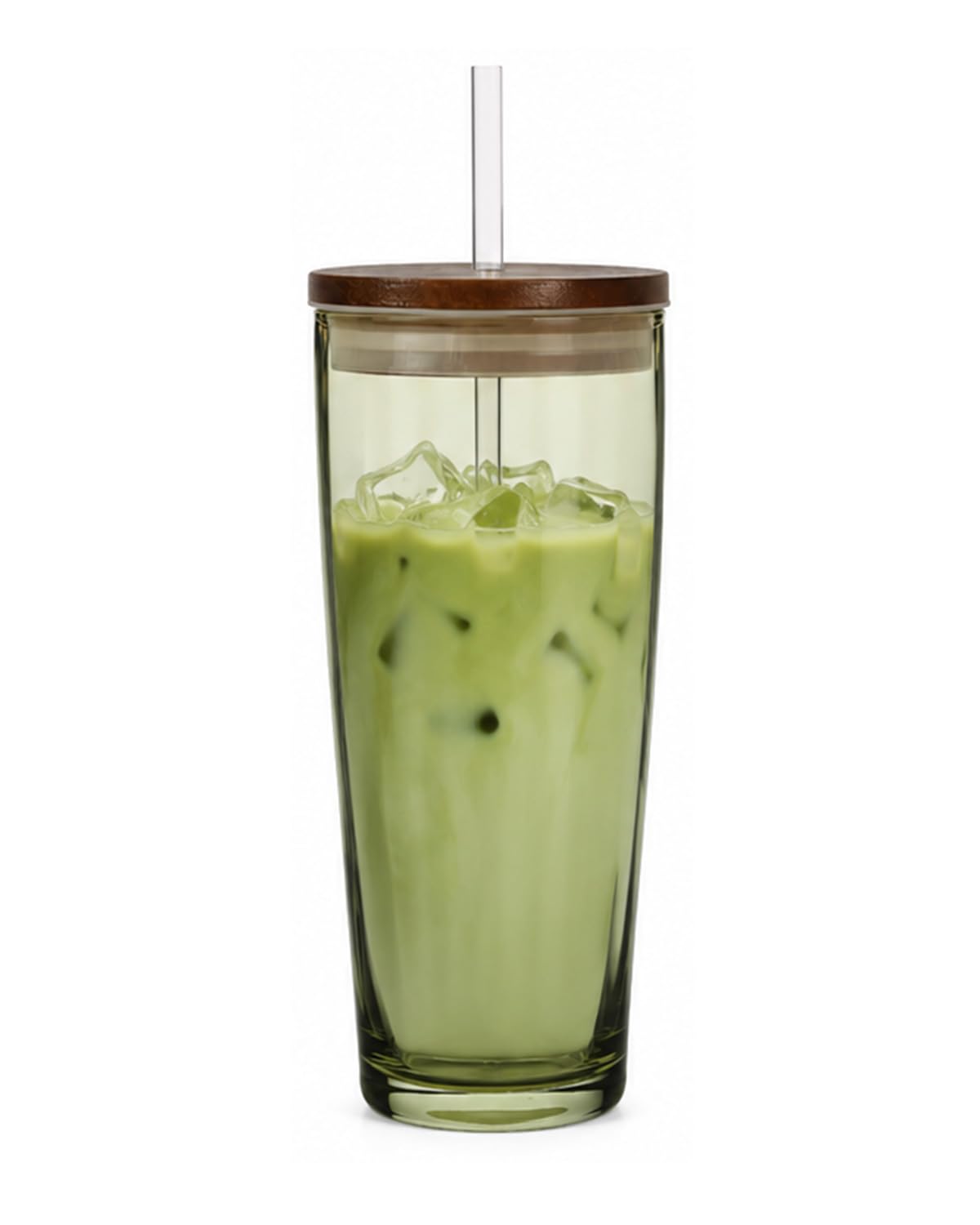 NIRA.Z Glass Tumbler with Lid and Straw 20oz, Ribbed Aesthetic Glass Cup for Iced Coffee, Green Drinking Tumbler with Wooden Lid