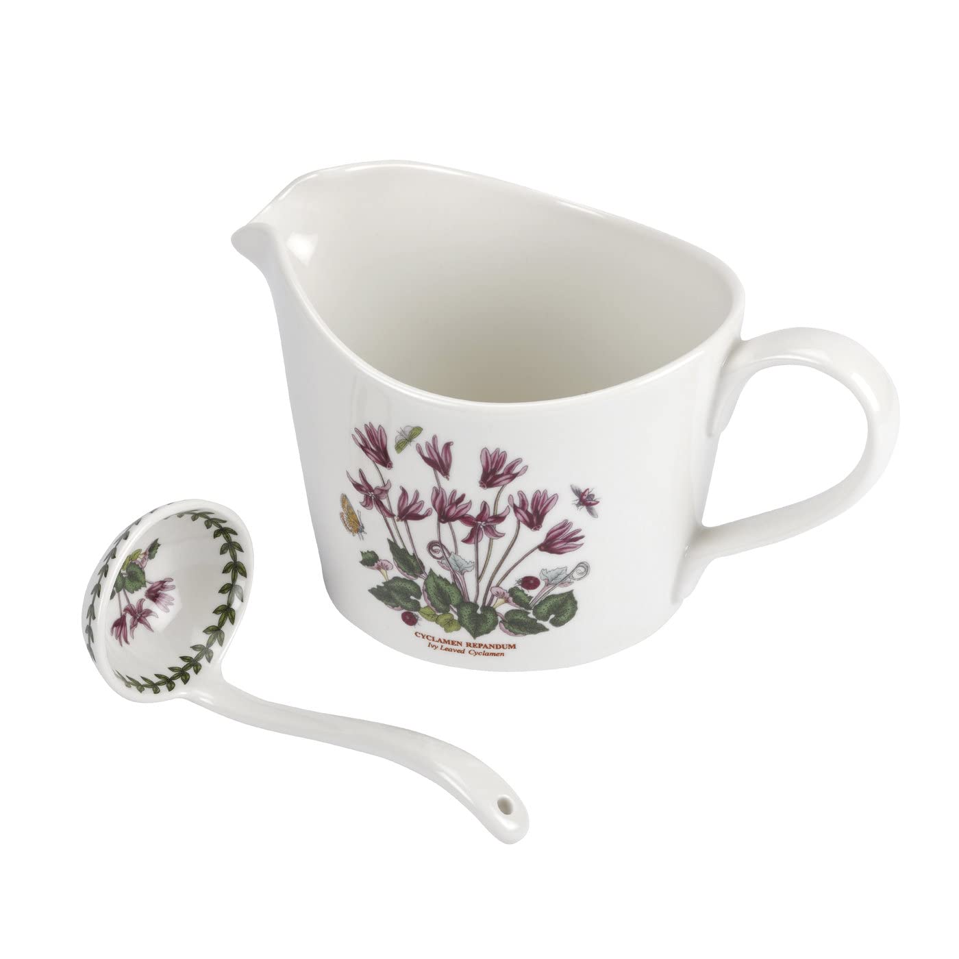 Portmeirion Botanic Garden 2-Piece Sauce Jug And Ladle Set | 1 Pint Capacity | Cyclamen Motif | Fine Porcelain | Chip Resistant