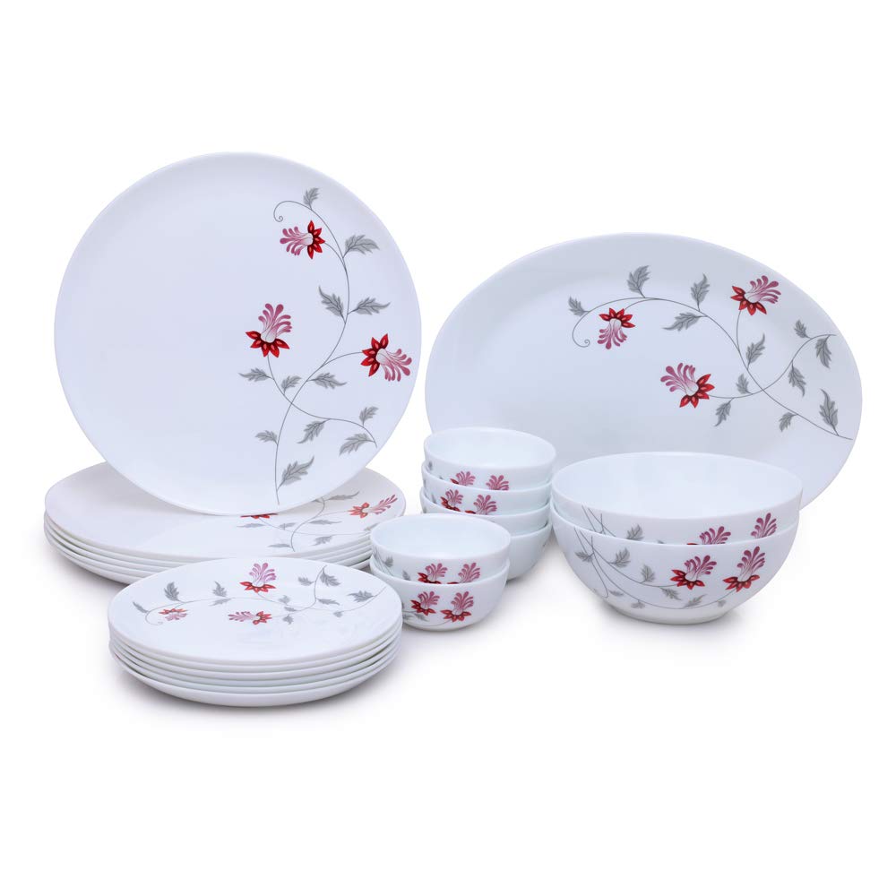 Larah By Borosil  Moon Series, Flower Pot 21 Pieces Opalware Dinner Set, White