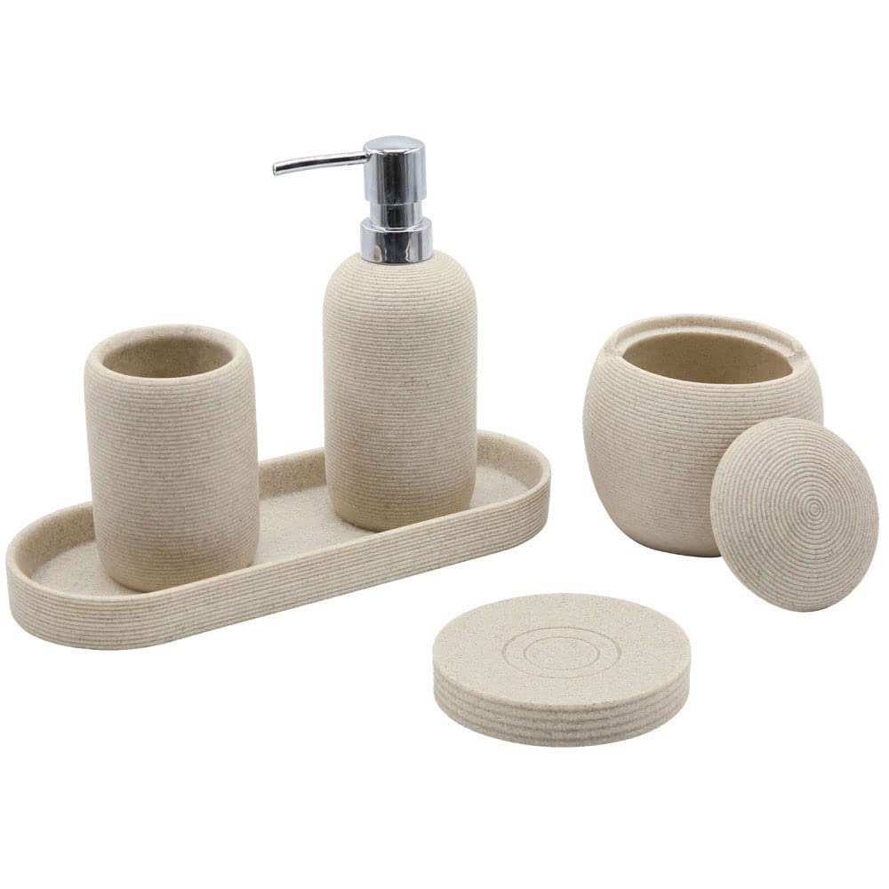 Beige Resin Bathroom Accessory Set, 5 Pcs Bathroom Accessories Set With Lotion Dispenser,Soap Dish,Toothbrush Holder,Vanity Tray