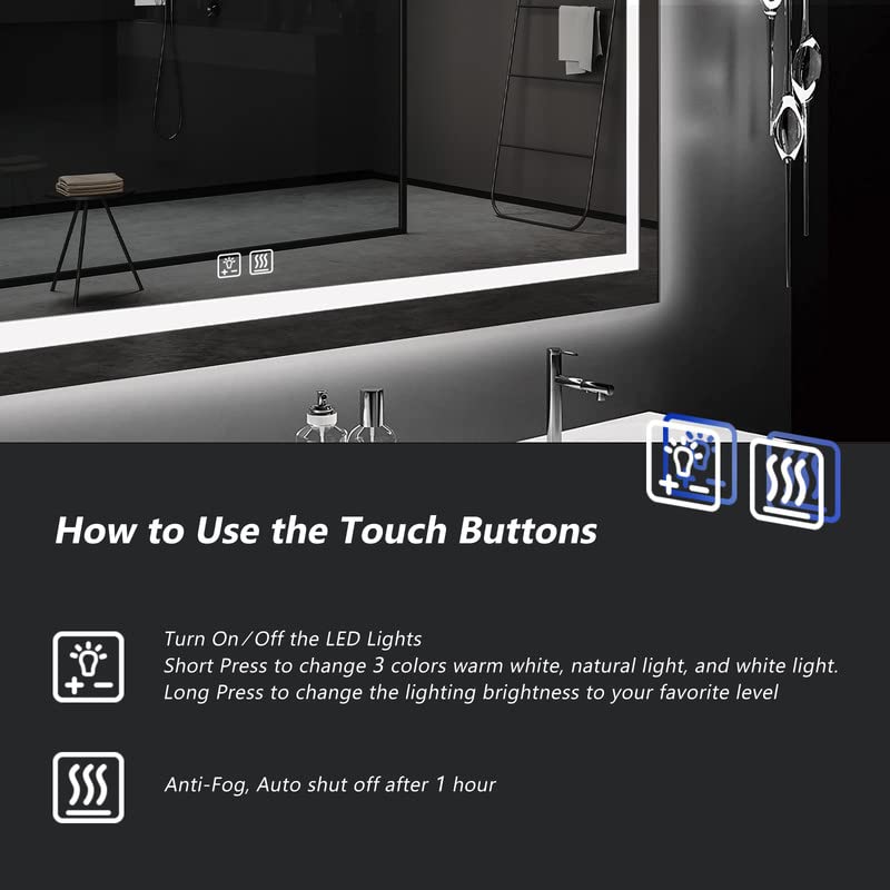 Roomtec 48X30 Inch Led Mirror For Bathroom,Backlit Lighted,Anti-Fog, Dimmable, Vertical & Horizontal Mount (Square-48 * 30'',Fro