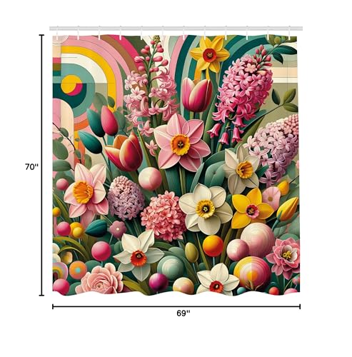 Ambesonne Spring Shower Curtain, Colorful Design Leafy Scenario Of Floral Garden With Funky Back Dreamy, Cloth Fabric Bathroom D