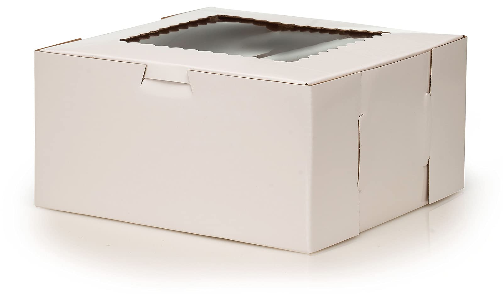 8'' X 8'' X 4'' Corrugated Fiberboard Glossy White Cake Box With Scalloped Window & 8'' Cake Boards (Pack Of 10 - Front Loading)