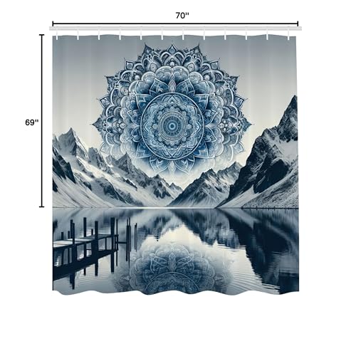 Ambesonne Lake Shower Curtain, Snowy Mountains Around Calm Water Peaceful Scene With Ethnic Boho Mandala In The Sky, Cloth Fabri