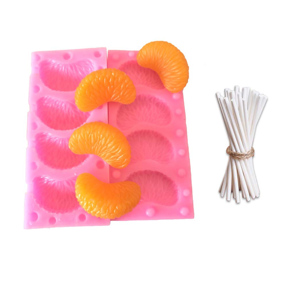 3D Tangerine Slice Silicone Mold With 20Pcs Lollipop Sticks, Mandarin Orange Segments Fruit Fondant Gum Paste Icing Mold For Cak