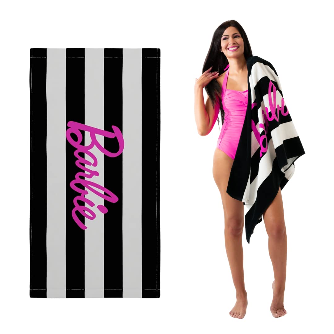 Franco Barbie Barbiecore Black & White Striped Soft Cotton Bath/Pool/Beach Towel, 60 in x 30 in, (Official Licensed Barbie Produ