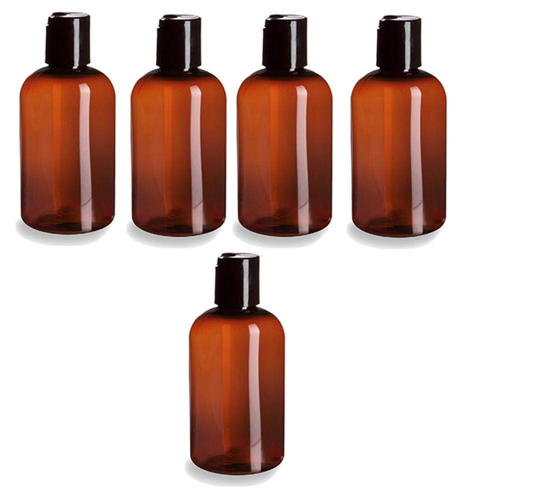 Natural Farms 5 Pack  4 oz  Empty Squeeze Plastic Bottle  Amber Boston with Black Flip Top Disc Cap  for Essential Oils, Per